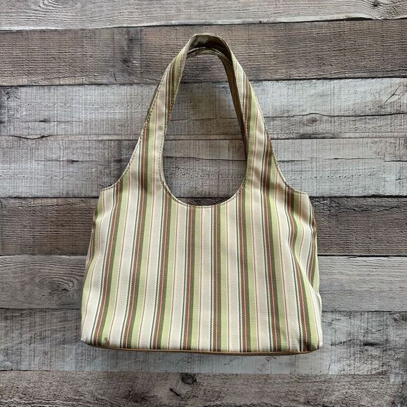 Fossil Y2K Striped Canvas Shoulder Bag Tote Green Brown Boho Casual Everyday - Picture 2 of 10